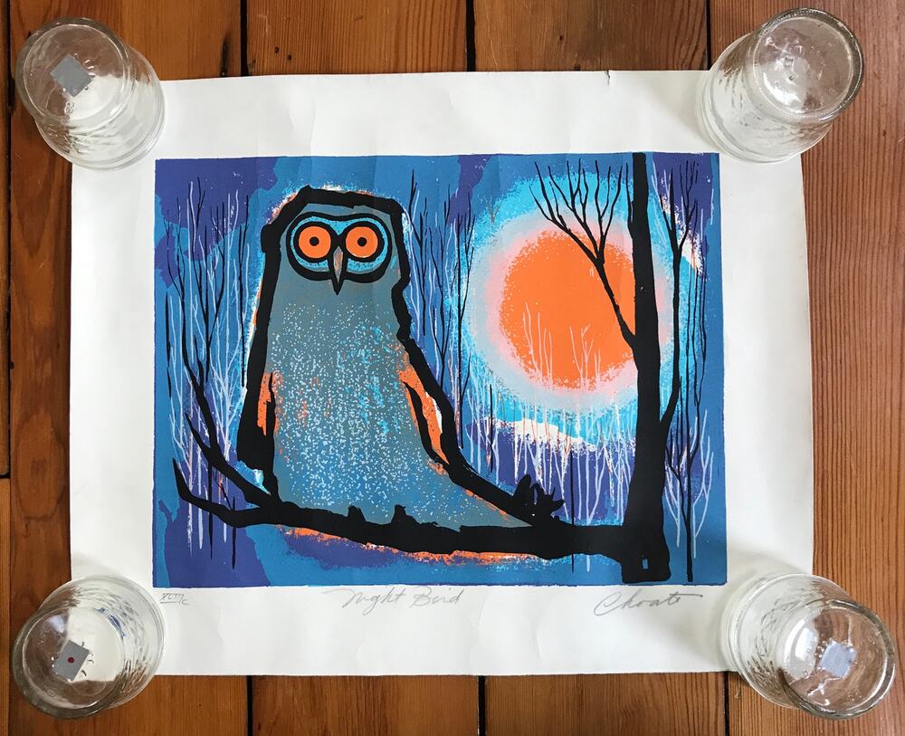 Vintage Mid Century Owl Silkscreen Seriograph Print Night Bird Choate 16x13
